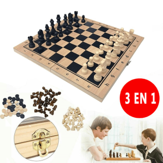 Plateau de jeux 3 en 1 : échecs, dame, backgammon